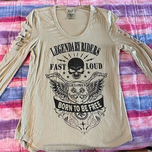 Vocal Y2K Grunge Biker Beige Skull Graphic Long Sleeve Top Small